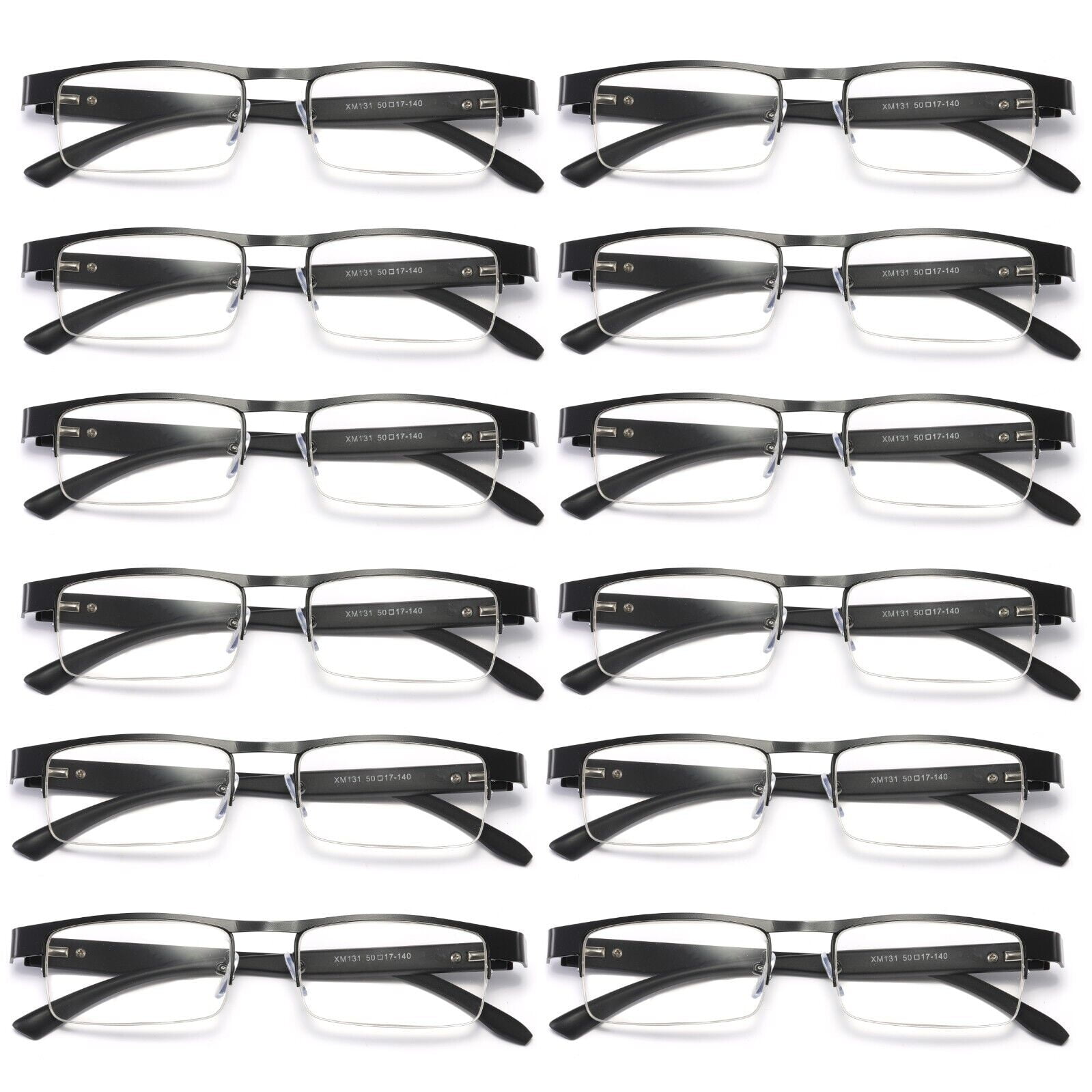 12 Pairs Mens Rectangular Metal Half Frame Reading Glasses Spring Hinge Black Readers +2.00