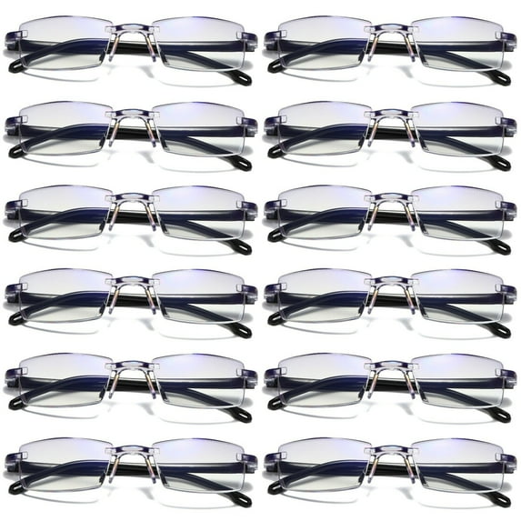 12 Pairs Mens Rectangular Rimless Blue Light Blocking Reading Glasses Unisex Readers +1.00