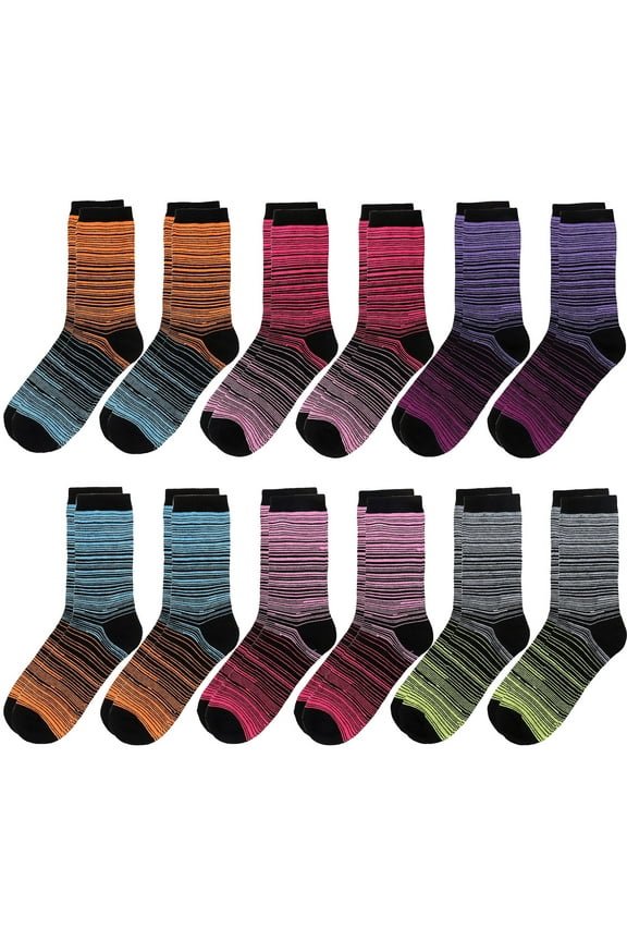 12 Pairs Messy Striped Women's Crew Socks Fancy Novelty Designed Size 9-11 Multicolor Assorted