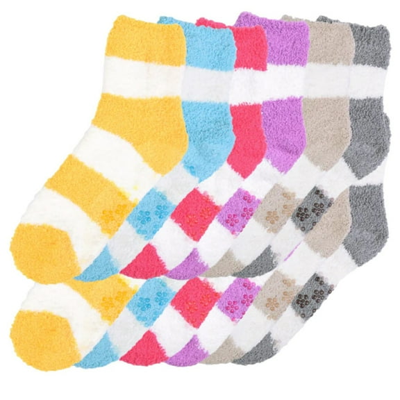 12 Pairs Non Slip Plush Slipper Socks Fuzzy with Grippers No Skid Ripple Warm Soft Cozy Fluffy Winter Home Sleeping Premium Socks Comfy Christmas Gifts