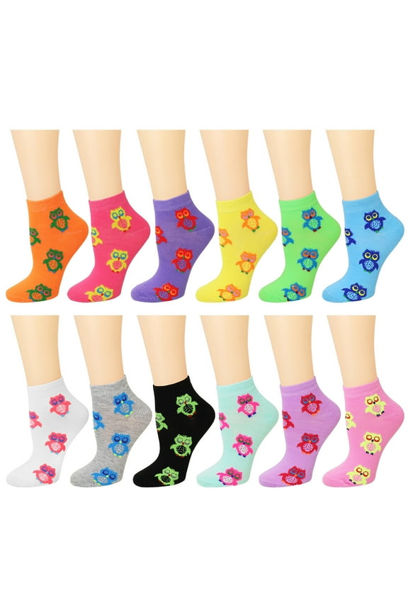 12 Pairs Owl Assorted Colors Women's Ankle Socks Size 9-11