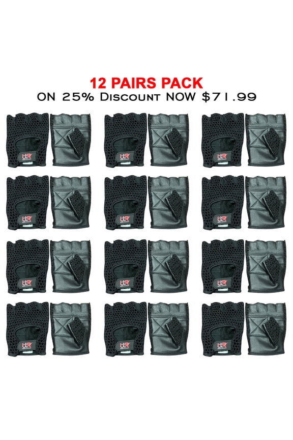 12 Pairs Pack Chauffeur Driving Gloves Mesh Net Fingerless Cowhide Leather Palm Cotton Crochet Back Cycling, Wheelchair Gloves Black-2XL