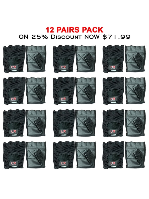 12 Pairs Pack Chauffeur Driving Gloves Mesh Net Fingerless Cowhide Leather Palm Cotton Crochet Back Cycling, Wheelchair Gloves Black-L