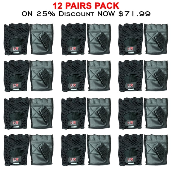 12 Pairs Pack Chauffeur Driving Gloves Mesh Net Fingerless Cowhide Leather Palm Cotton Crochet Back Cycling, Wheelchair Gloves Black-M