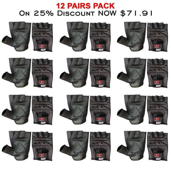 12 Pairs Pack Driving Gloves Cowhide Leather Fingerless Motorcycle Driver, Cycling, Weight Lifting Open Knuckle Gloves Black-2XL
