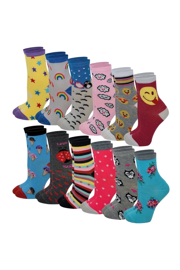 12 Pairs Pack Kids Girls Colorful Creative Fun Novelty Design Crew Socks