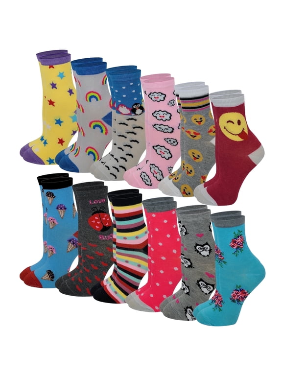 12 Pairs Pack Kids Girls Colorful Creative Fun Novelty Design Crew Socks