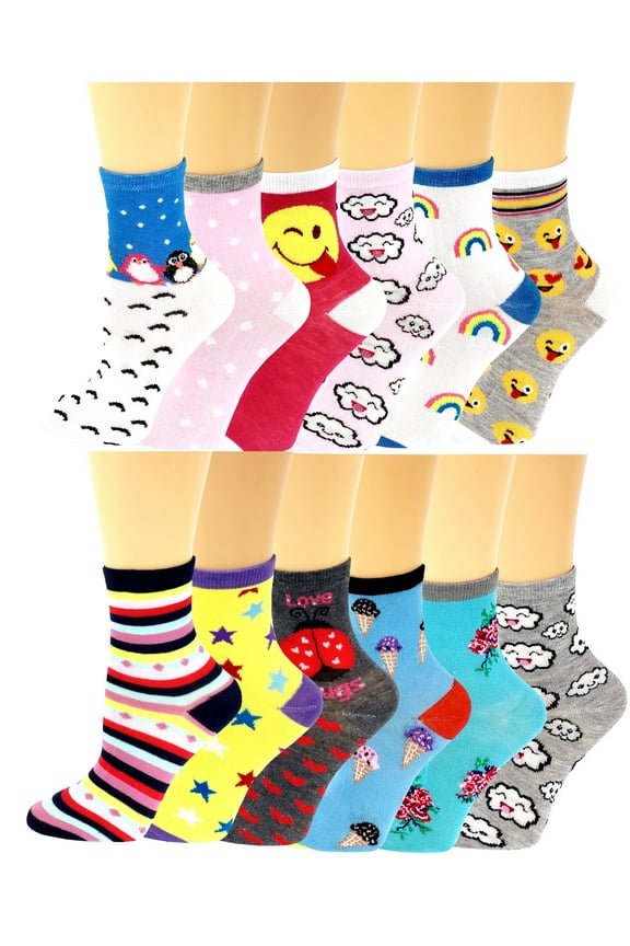 12 Pairs Pack Kids Girls Colorful Creative Fun Novelty Design Crew Socks
