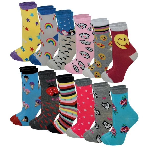 12 Pairs Pack Kids Girls Colorful Creative Fun Novelty Design Crew Socks