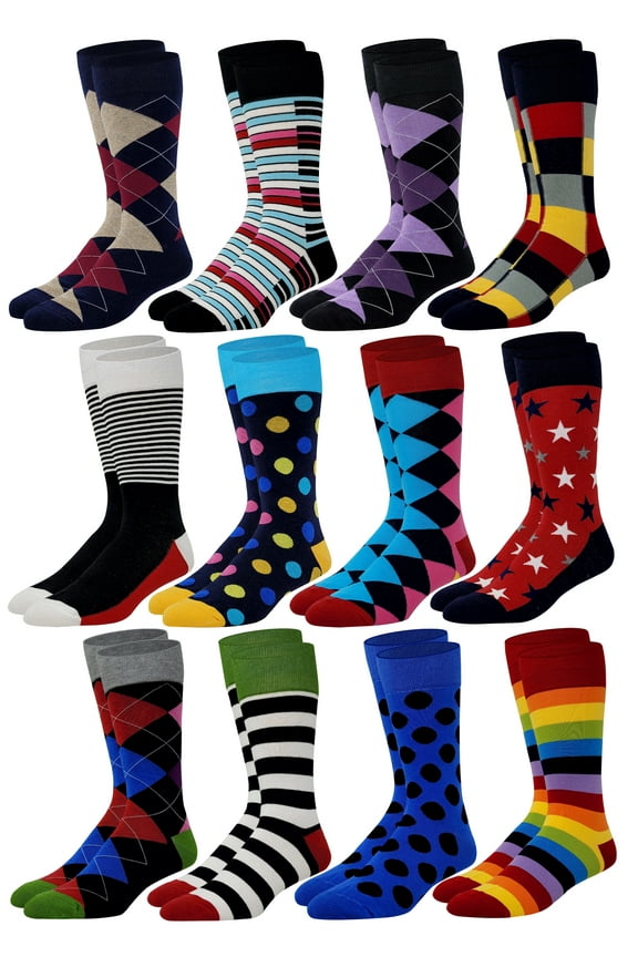 12 Pairs Pack Men's Premium Combed Cotton Fashion Funky Design Dress Socks 10-13
