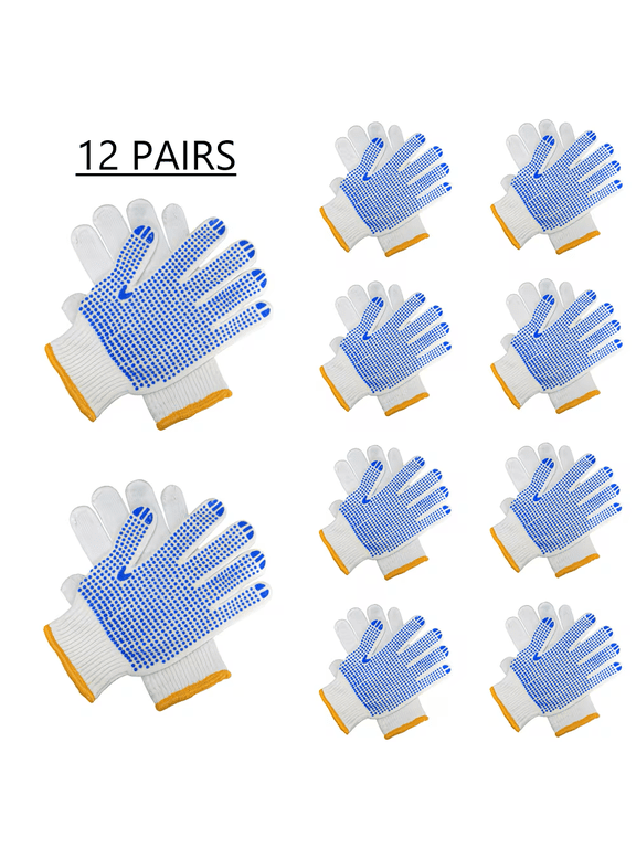 12 Pairs Pack White Cotton Polyester String Knit Ultralight Work Gloves, Adults with Blue PVC Dots