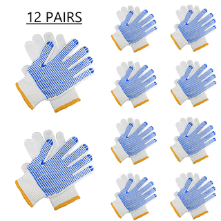 12 Pairs Pack White Cotton Polyester String Knit Ultralight Work Gloves, Adults with Blue PVC Dots