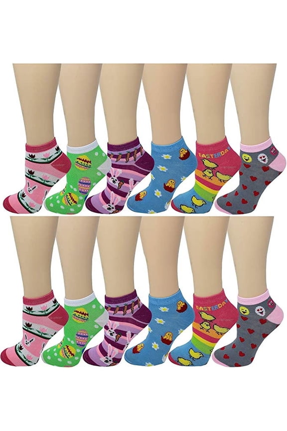 12 Pairs Pack Women Low Cut Neon Colorful Fancy Design Anklet Socks 9-11