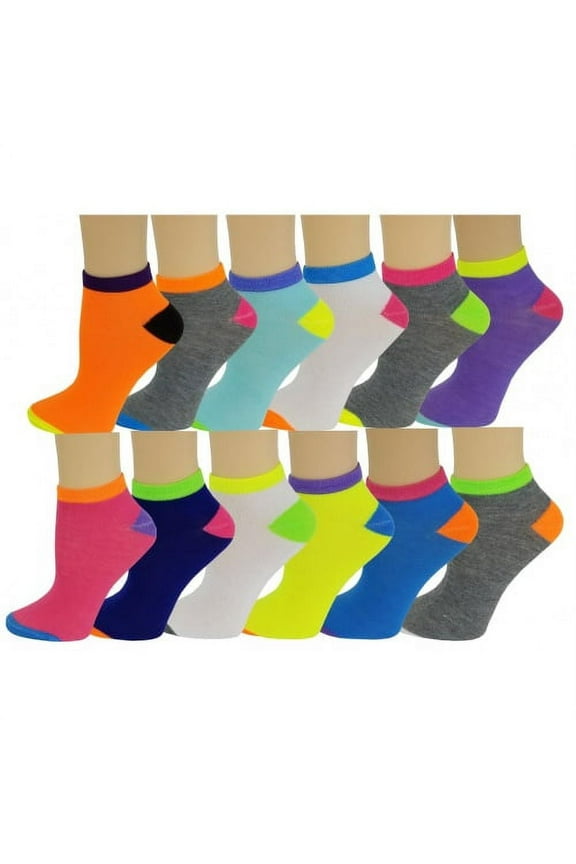 12 Pairs Pack Women Low Cut Neon Colorful Fancy Design Anklet Socks 9-11