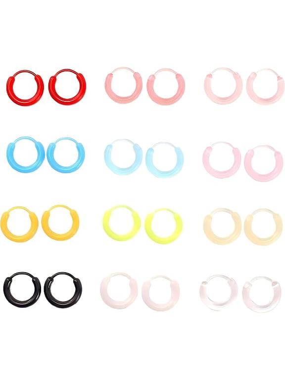 12 Pairs Plastic Hoop Earrings for Women Colorful Anti-Allergy Unisex Cute Plastic Hoop Ear Retainers Nose Rings With Buckle for Sensitive Ears and Skin