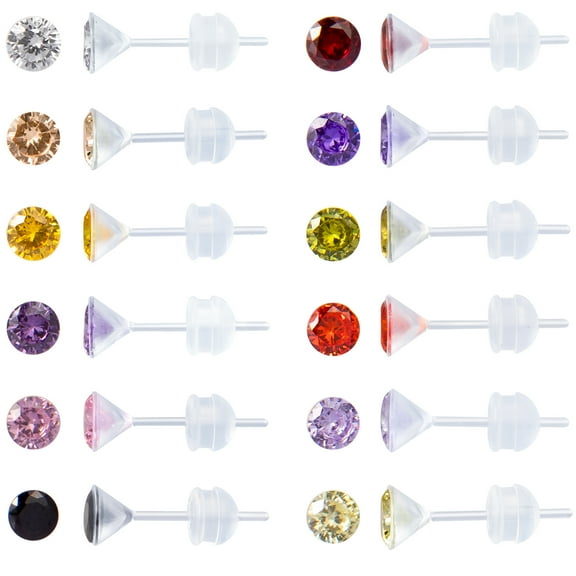 12 Pairs Plastic Stud Earrings for Sensitive Ears, Round Heart Star Cubic Zirconia Birthstone CZ Stud Earring Sets for Women