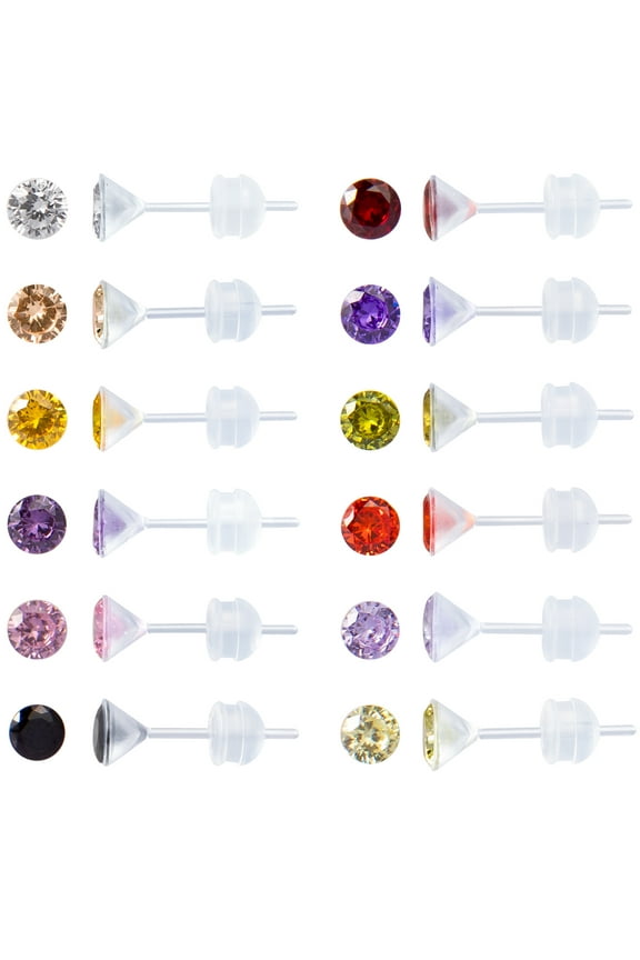12 Pairs Plastic Stud Earrings for Sensitive Ears, Round Heart Star Cubic Zirconia Birthstone CZ Stud Earring Sets for Women