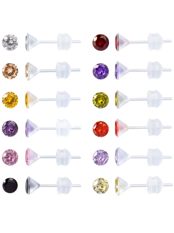 12 Pairs Plastic Stud Earrings for Sensitive Ears, Round Heart Star Cubic Zirconia Birthstone CZ Stud Earring Sets for Women