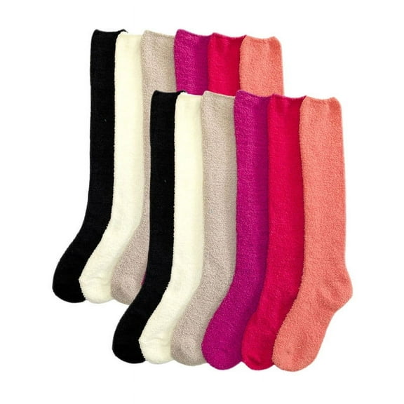12 Pairs Plush Knee High Socks Fuzzy Fleece Warm Soft Cozy Fluffy Winter Home Sleeping Premium Socks Comfy Christmas Gifts for Women Assorted Pack