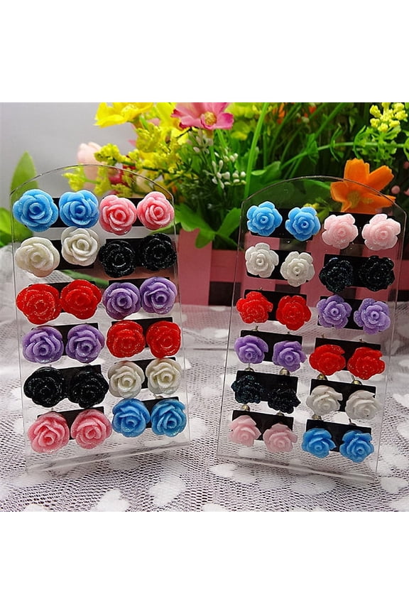 12 Pairs Rose Stud Earrings Mixed Color Flower Earrings Wholesale Jewe~guNWA