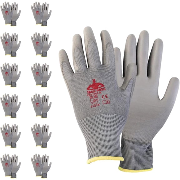 12 Pairs Safety Work Gloves for Men & Women With PU Coated Grip On Palm & Fingers Seamless Knit Working Gloves