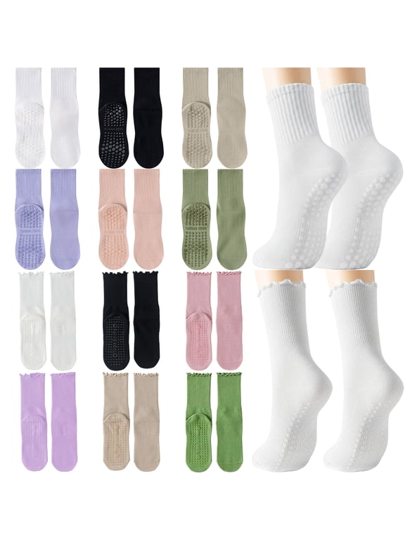 12 Pairs Seamless Non-Slip Yoga Socks for Women, Ruffle Edge Crew Grip Socks with Full Sole Silicone, Anti-Slip Pilates Socks for Barre, Home Workout, Dance