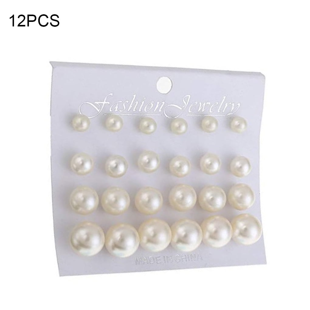 JOOAN 12 Pairs Shiny Round Imitation Pearl Earrings Alloy Stud Earrings Set Party Earring Accessories