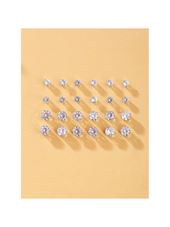 12 Pairs Silver Tone Cubic Zirconia Stud Earrings Set