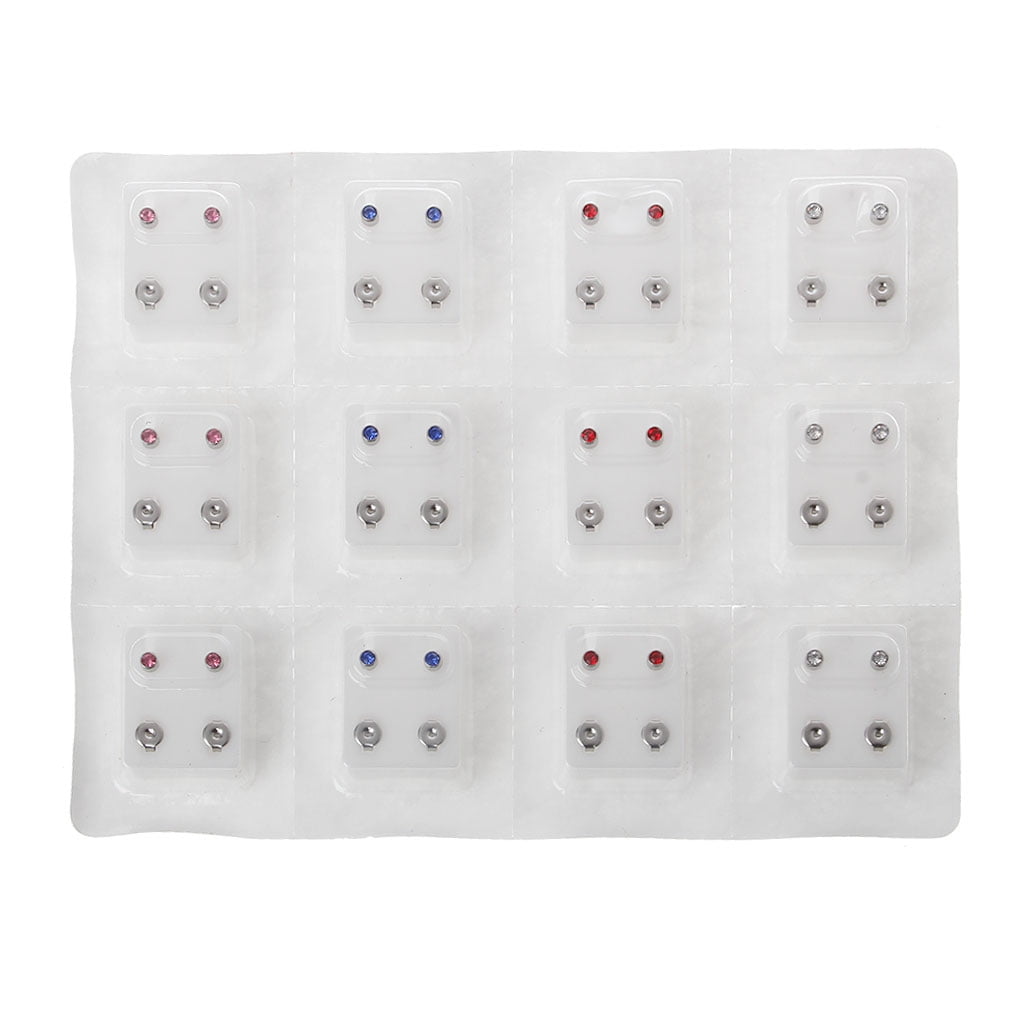 12 Pairs Stainless Steel Hypoallergenic Ear Piercing Earrings 3mm Clear ...