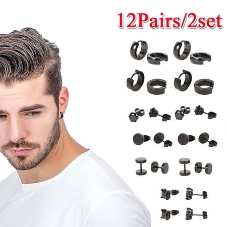 12 Pairs Stainless Steel Stud Earrings for Men Hoop Earrings Piercing Black Dumbbell Stud Earring Set