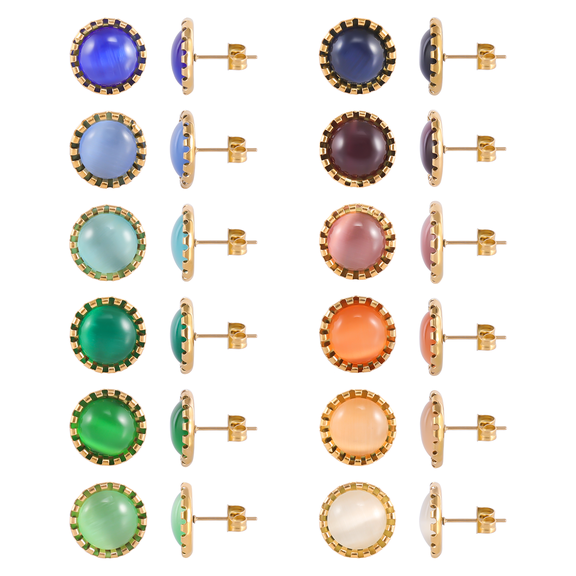 12 Pairs Surgical Stainless Steel Cat's Eye Stone Stud Earring, 18K Gold Plated Multicolor Stud Earrings Set for Women