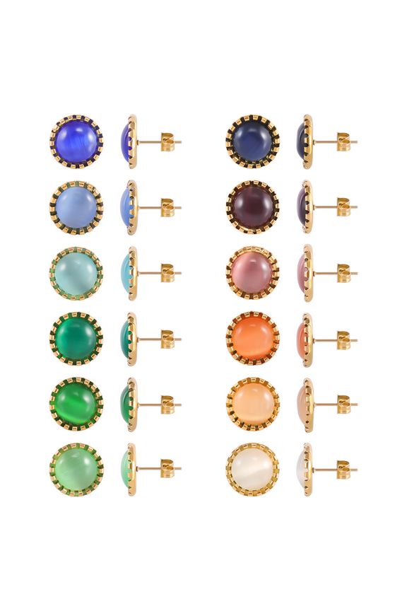 12 Pairs Surgical Stainless Steel Cat's Eye Stone Stud Earring, 18K Gold Plated Multicolor Stud Earrings Set for Women