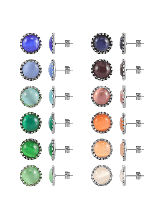 12 Pairs Surgical Stainless Steel Cat's Eye Stone Stud Earring, 18K Gold Plated Multicolor Stud Earrings Set for Women