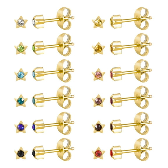 12 Pairs Surgical Stainless Steel Cubic Zirconia Birthstone Stud Earrings, Gold Plated Heart Star Round Multicolors Stud Earrings Set for Women