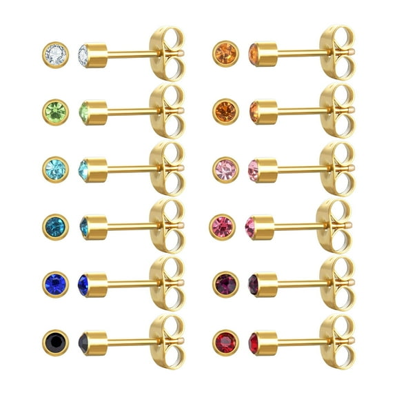 12 Pairs Surgical Stainless Steel Cubic Zirconia Birthstone Stud Earrings, Gold Plated Heart Star Round Multicolors Stud Earrings Set for Women