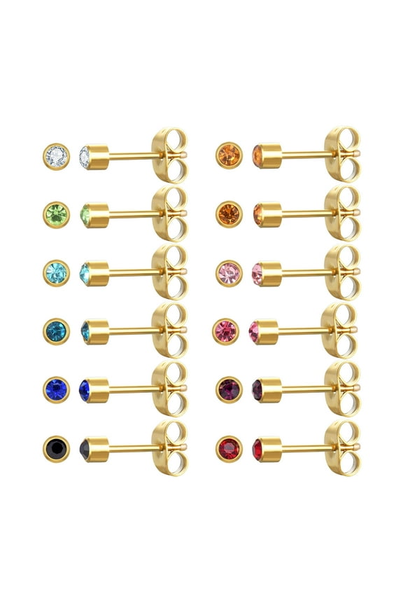 12 Pairs Surgical Stainless Steel Cubic Zirconia Birthstone Stud Earrings, Gold Plated Heart Star Round Multicolors Stud Earrings Set for Women