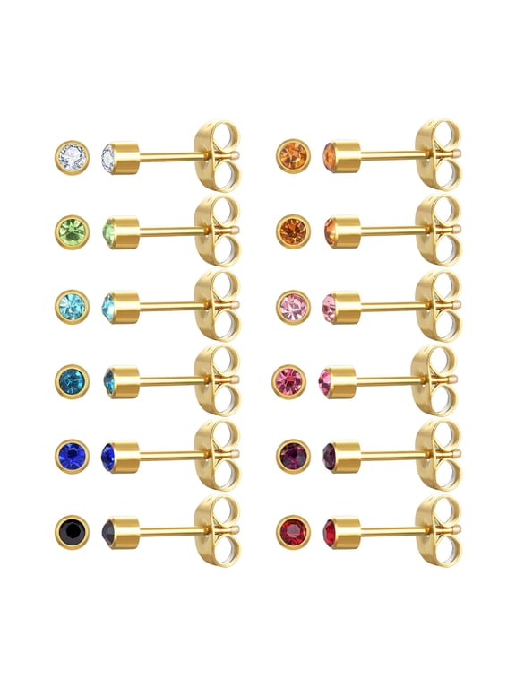 12 Pairs Surgical Stainless Steel Cubic Zirconia Birthstone Stud Earrings, Gold Plated Heart Star Round Multicolors Stud Earrings Set for Women