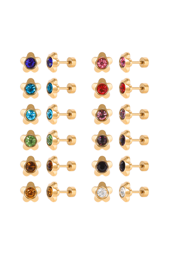 12 Pairs Surgical Stainless Steel Flat Back Birthstone Cubic Zirconia Stud Earrings, Gold Plated Screw Back Round Star Heart Flower Hexagon Triangle CZ Stud Earrings Set