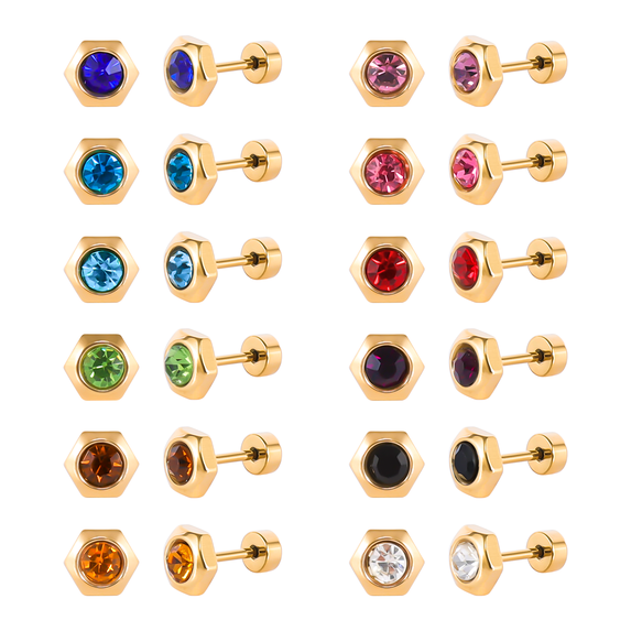 12 Pairs Surgical Stainless Steel Flat Back Birthstone Cubic Zirconia Stud Earrings, Gold Plated Screw Back Round Star Heart Flower Hexagon Triangle CZ Stud Earrings Set