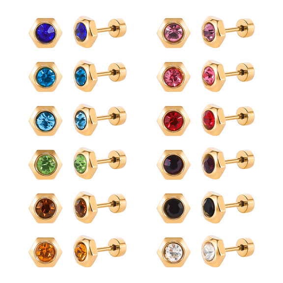 12 Pairs Surgical Stainless Steel Flat Back Birthstone Cubic Zirconia Stud Earrings, Gold Plated Screw Back Round Star Heart Flower Hexagon Triangle CZ Stud Earrings Set