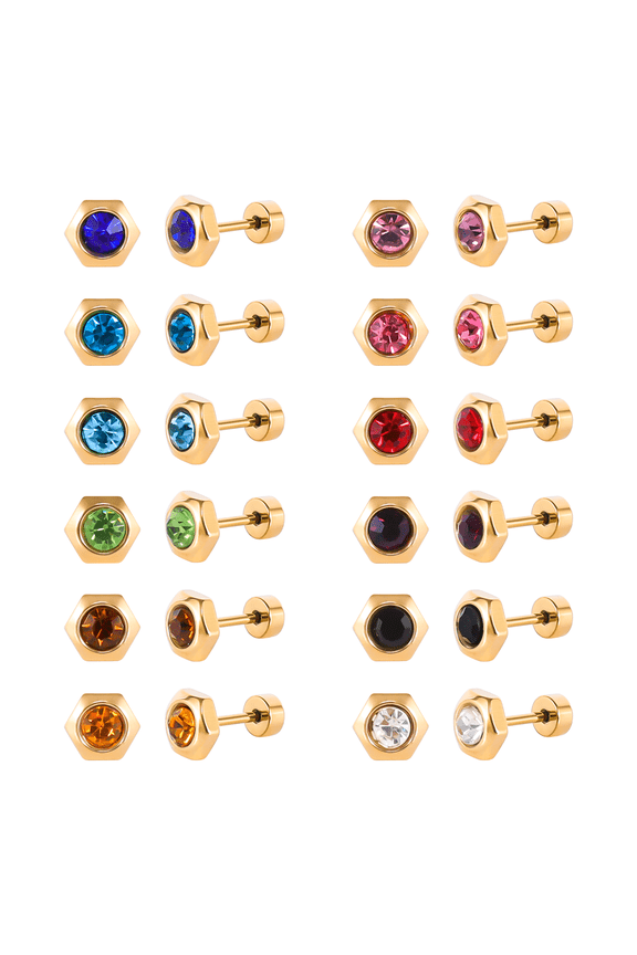 12 Pairs Surgical Stainless Steel Flat Back Birthstone Cubic Zirconia Stud Earrings, Gold Plated Screw Back Round Star Heart Flower Hexagon Triangle CZ Stud Earrings Set
