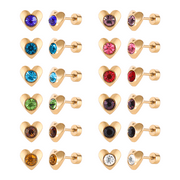 12 Pairs Surgical Stainless Steel Flat Back Birthstone Cubic Zirconia Stud Earrings, Gold Plated Screw Back Round Star Heart Flower Hexagon Triangle CZ Stud Ear