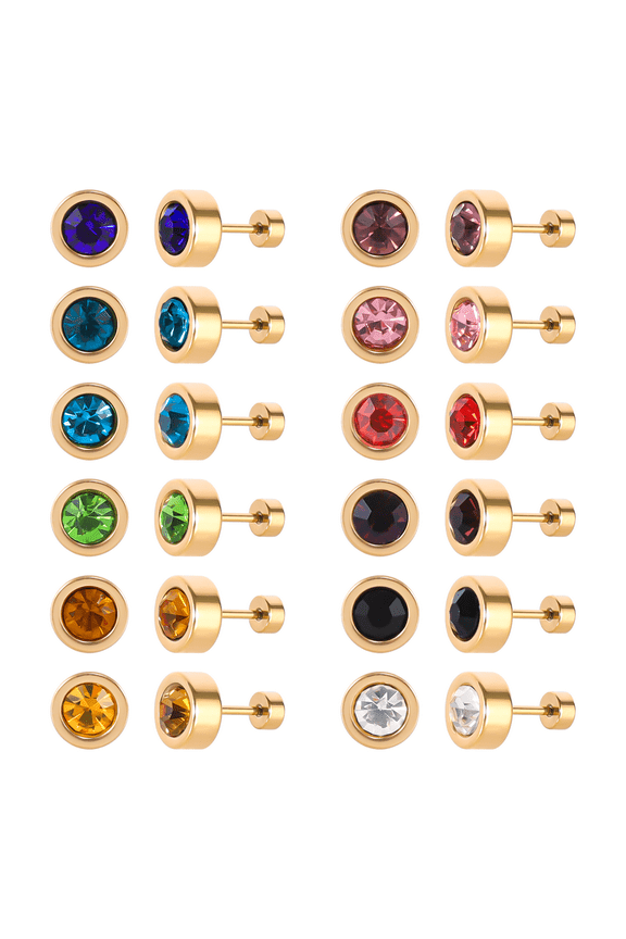 12 Pairs Surgical Stainless Steel Flat Back Birthstone Cubic Zirconia Stud Earrings, Gold Plated Screw Back Round Star Heart Flower Hexagon Triangle CZ Stud Earrings Set