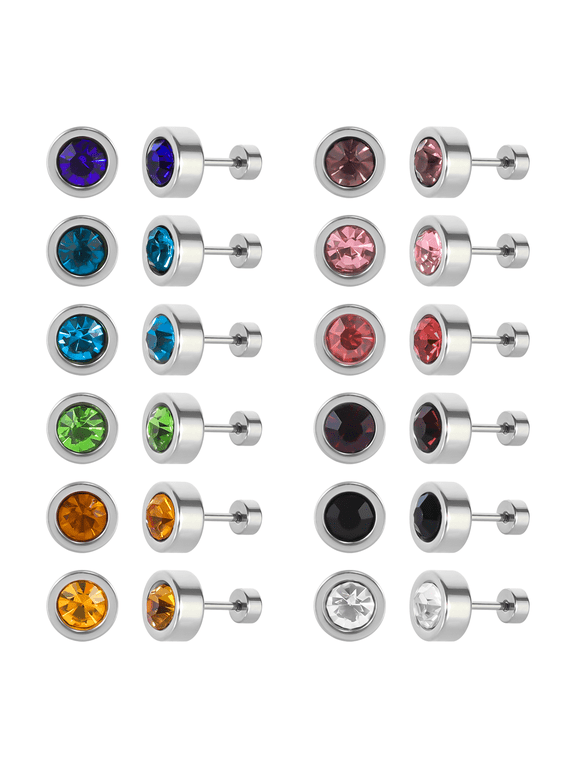 12 Pairs Surgical Stainless Steel Flat Back Birthstone Cubic Zirconia Stud Earrings, Gold Plated Screw Back Round Star Heart Flower Hexagon Triangle CZ Stud Earrings Set