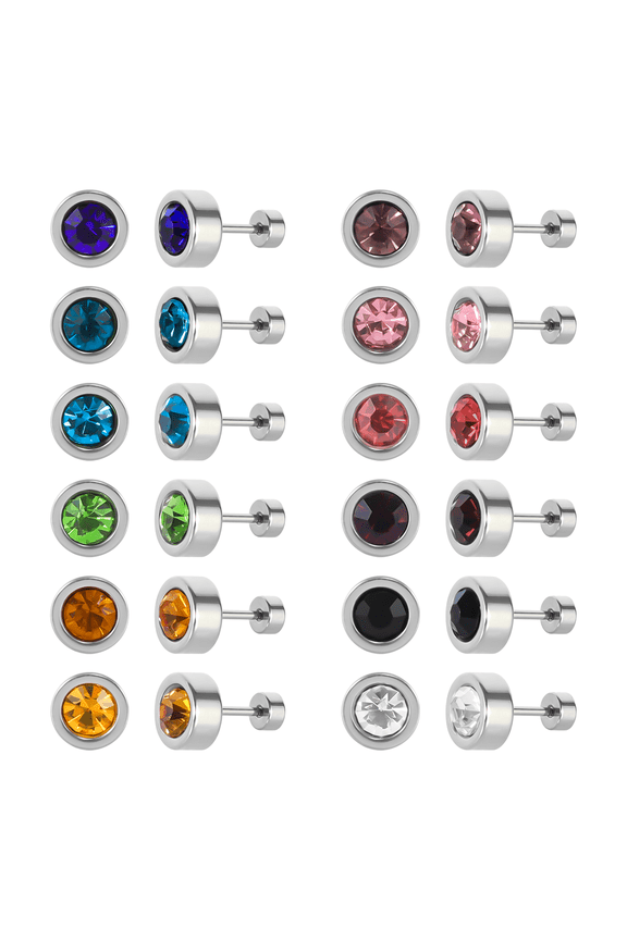 12 Pairs Surgical Stainless Steel Flat Back Birthstone Cubic Zirconia Stud Earrings, Gold Plated Screw Back Round Star Heart Flower Hexagon Triangle CZ Stud Earrings Set