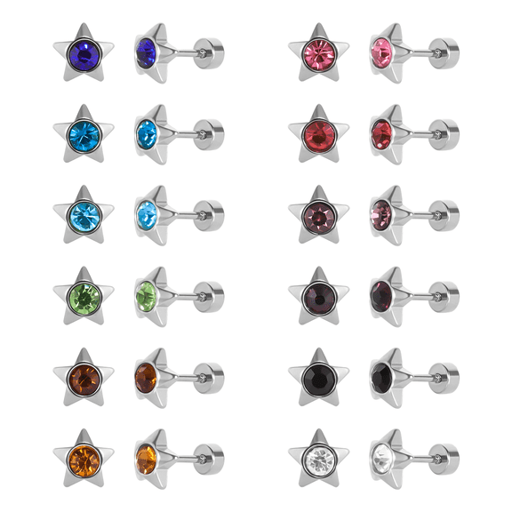 12 Pairs Surgical Stainless Steel Flat Back Birthstone Cubic Zirconia Stud Earrings, Gold Plated Screw Back Round Star Heart Flower Hexagon Triangle CZ Stud Earrings Set