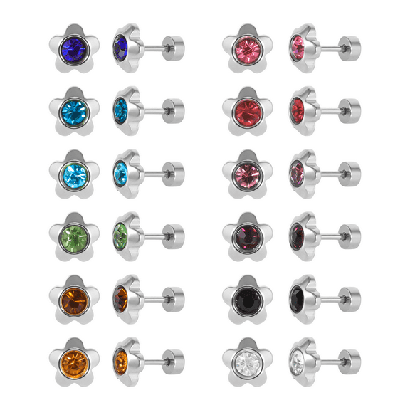 12 Pairs Surgical Stainless Steel Flat Back Birthstone Cubic Zirconia Stud Earrings, Gold Plated Screw Back Round Star Heart Flower Hexagon Triangle CZ Stud Earrings Set