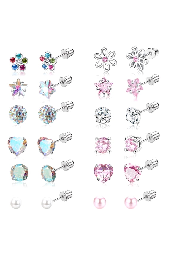 12 Pairs Surgical Stainless Steel Spiral Flat Back Earrings Set, Cute CZ Pink Heart Star Piercing Cartilage Titanium Stud Party Earrings for Women Adult