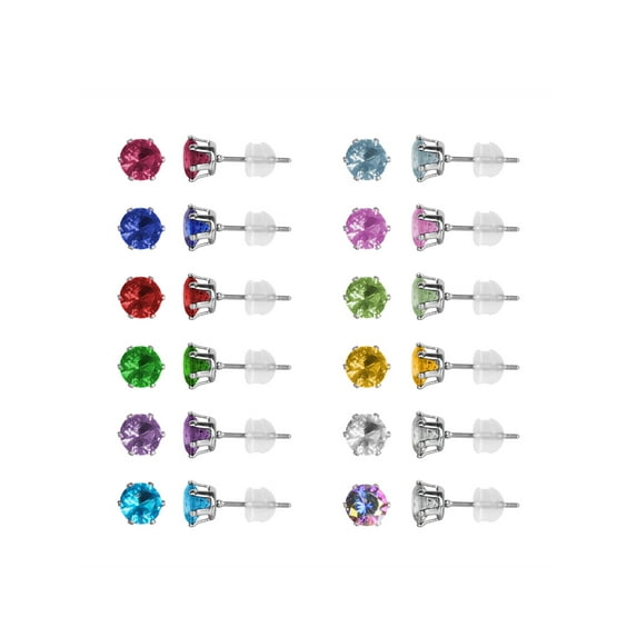 12 Pairs Surgical Stainless Steel Stud Earring Sets Birthstone Cubic Zirconia Stud Earrings for Women 3 4 5 6mm