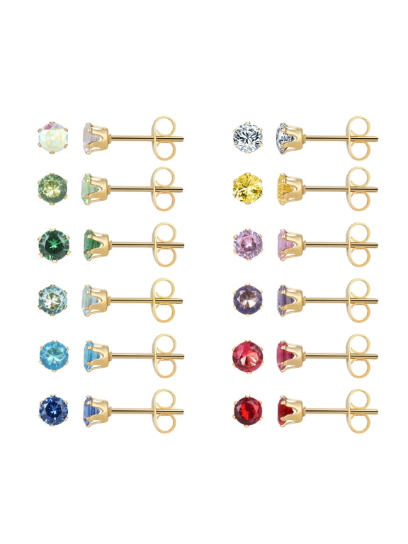 12 Pairs Surgical Stainless Steel Stud Earring Sets Birthstone Cubic Zirconia Stud Earrings for Women 3 4 5 6mm